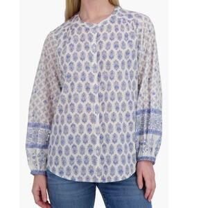 Lucky Brand Border Print Button-Up Shirt Blue Combo White - Size XL